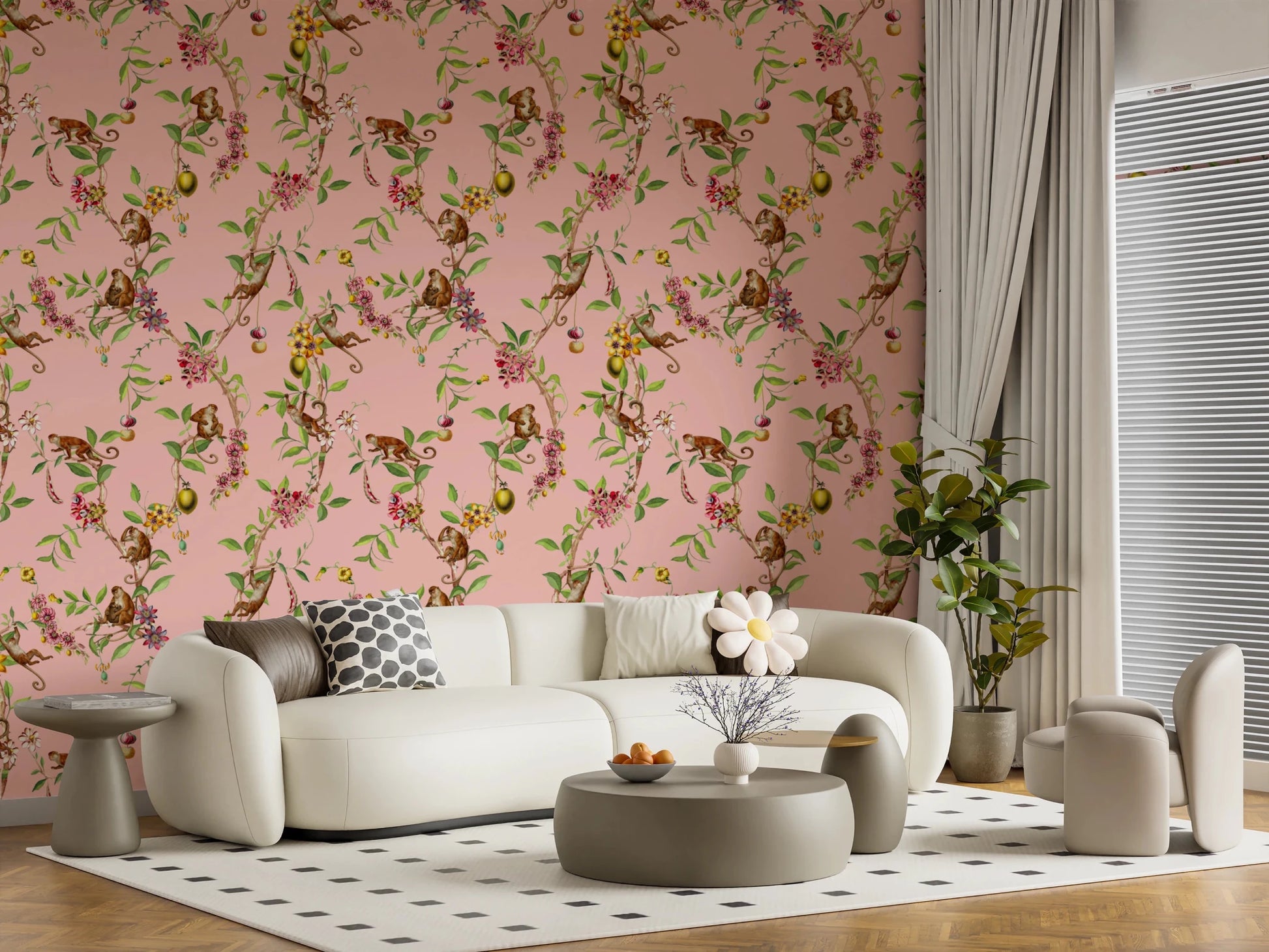 Curved sofa setting styled with vintage exotic monkey wallpaper on a blush backdrop