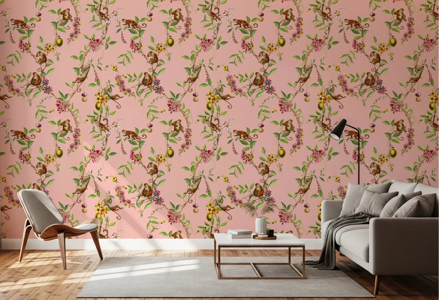 Soft lounge corner brightened by whimsical monkey family garden pink wallpaper