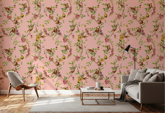 Soft lounge corner brightened by whimsical monkey family garden pink wallpaper