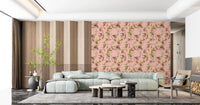 Open lounge space finished with vintage monkey garden pink wallpaper detail