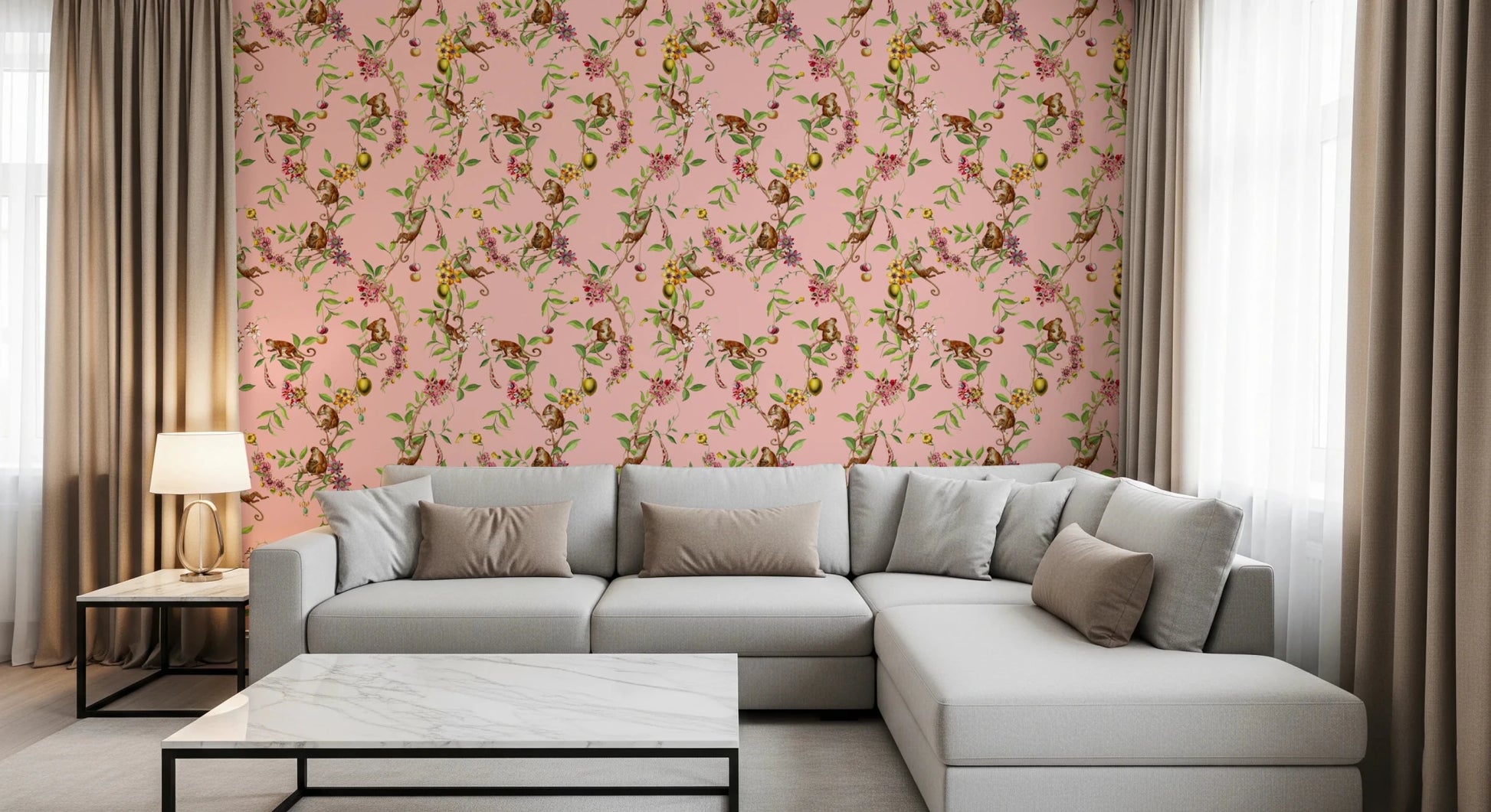 Sectional seating paired with playful monkey garden wallpaper in a soft pink tone