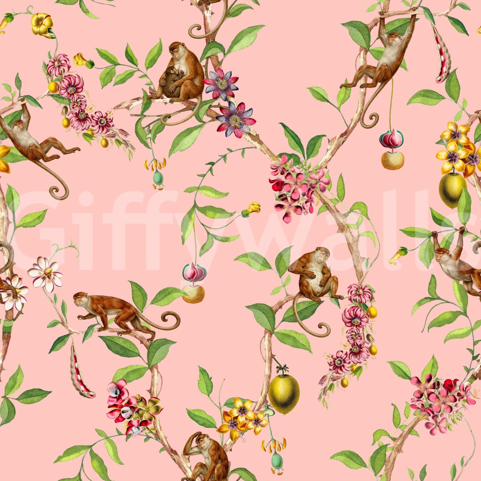 Whimsical Playing Monkeys Family pink wallpaper with tropical branches and blossoms