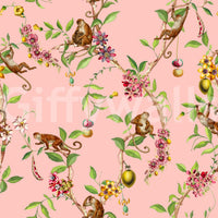 Whimsical Playing Monkeys Family pink wallpaper with tropical branches and blossoms