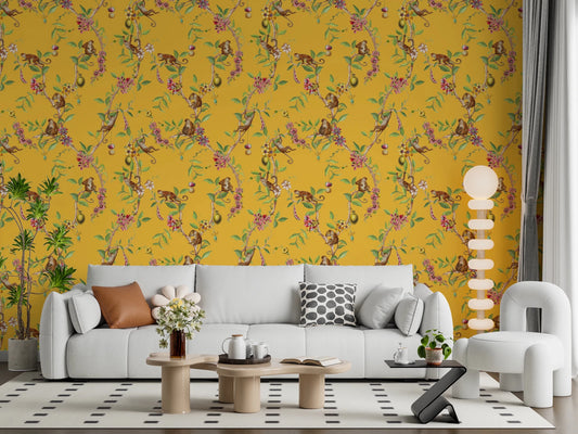 Bright living room styled with whimsical monkey family yellow garden wallpaper