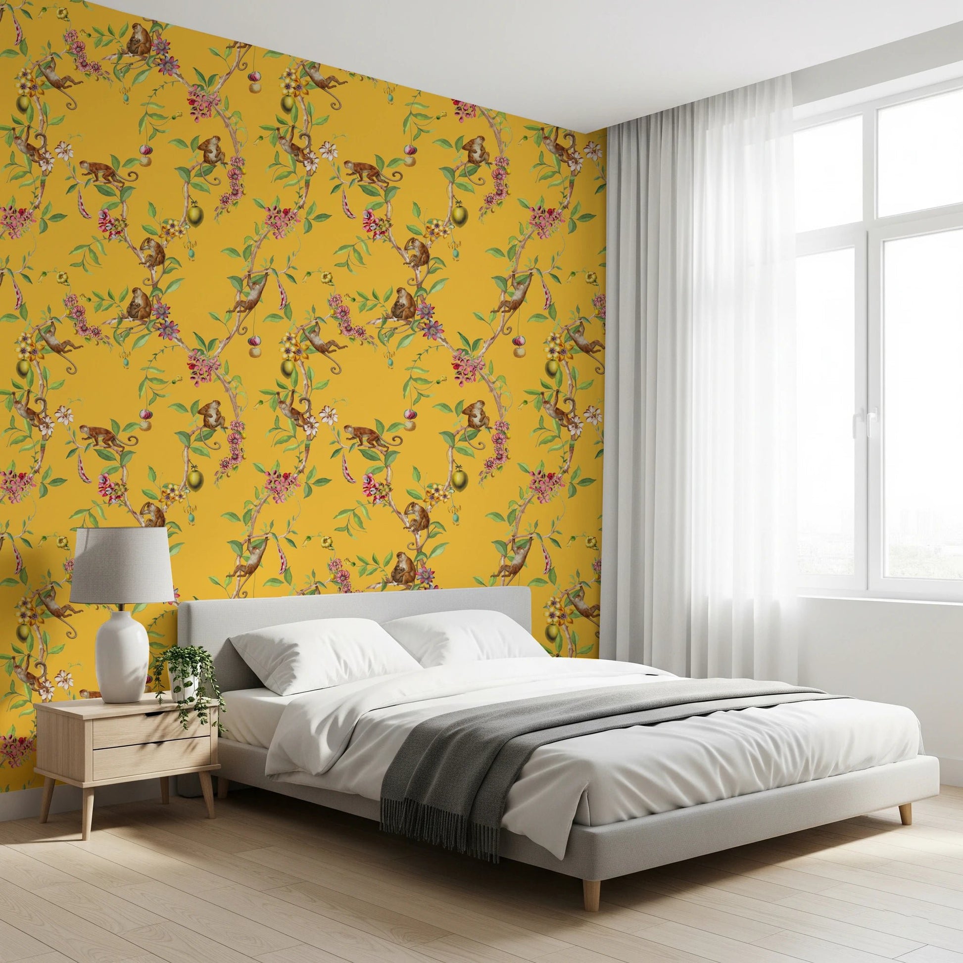Main bedroom softened by vintage monkey family floral yellow wallpaper, GD8594