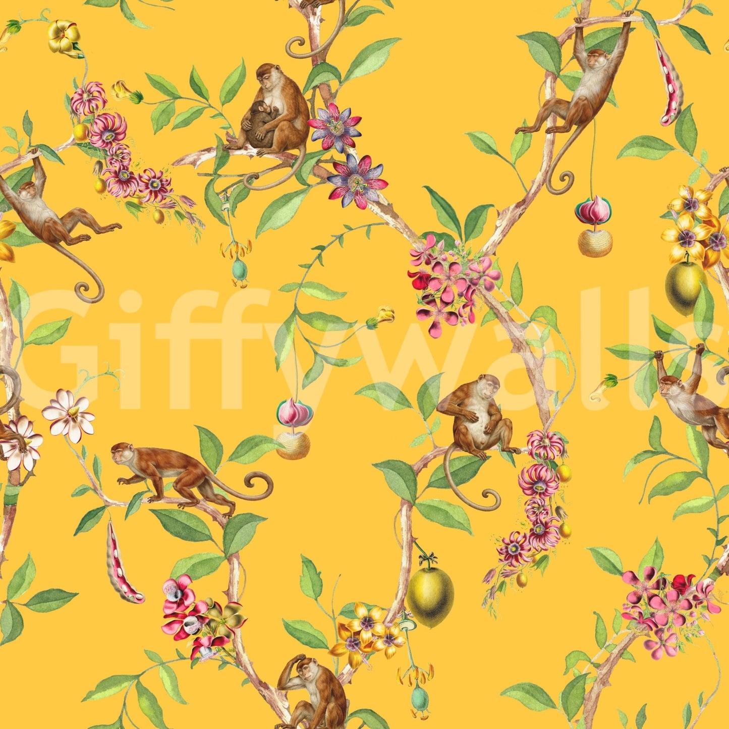 Whimsical Playing Monkeys Family yellow wallpaper with tropical branches and blossoms, GD8594