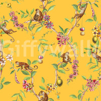 Whimsical Playing Monkeys Family yellow wallpaper with tropical branches and blossoms, GD8594