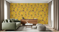 Long lounge covered in exotic garden yellow wallpaper with monkey motifs, GD8594