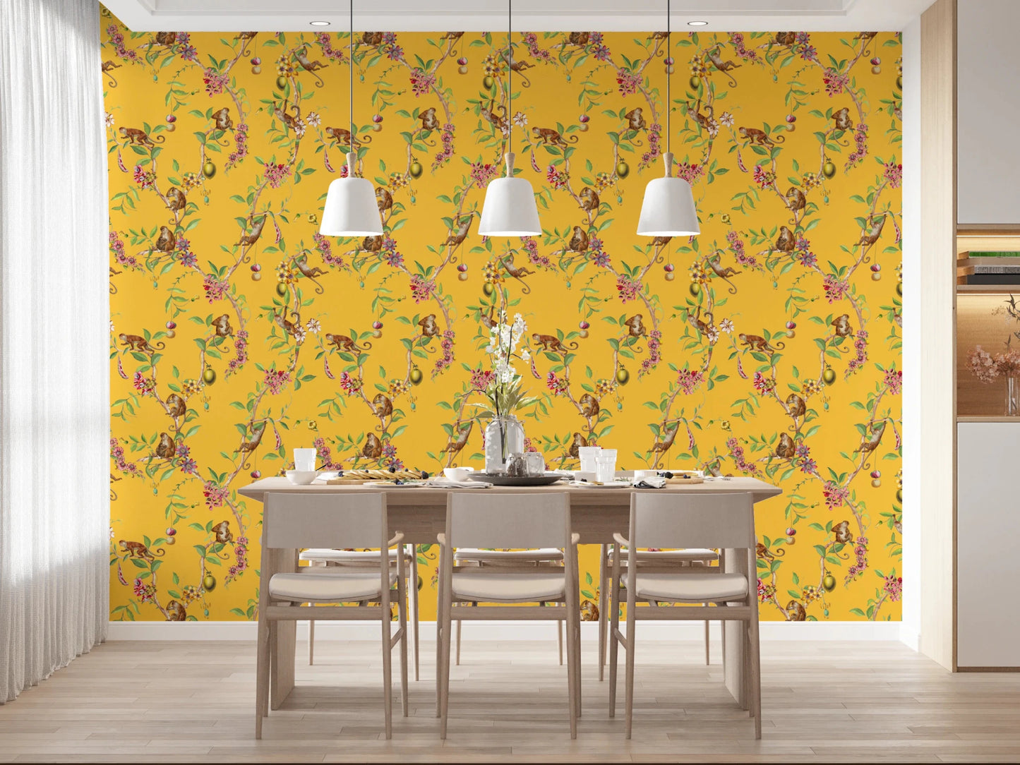 Dining area framed by Whimsical Playing Monkeys Family yellow wallpaper charm, GD8594