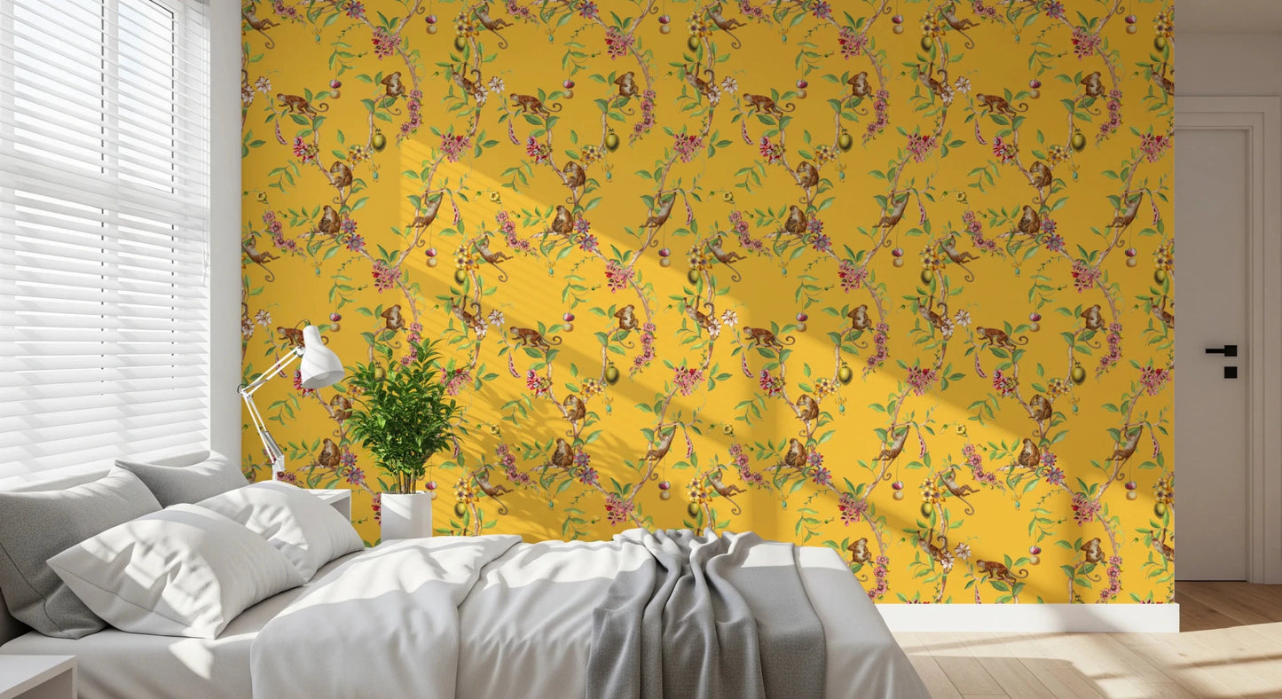 Sunlit bedroom corner lifted by the playful detail of this monkey garden wallpaper, GD8594