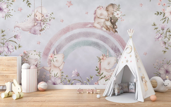 Whimsical rainbow wallpaper with floral unicorn accents., C53