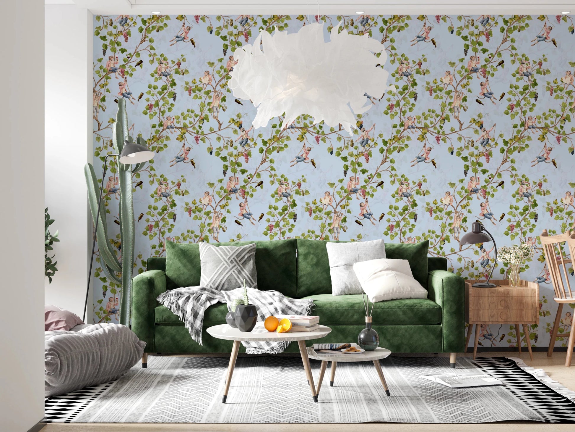 Living backdrop enriched with blue vineyard monkey wallpaper and subtle grape accents, GD8590