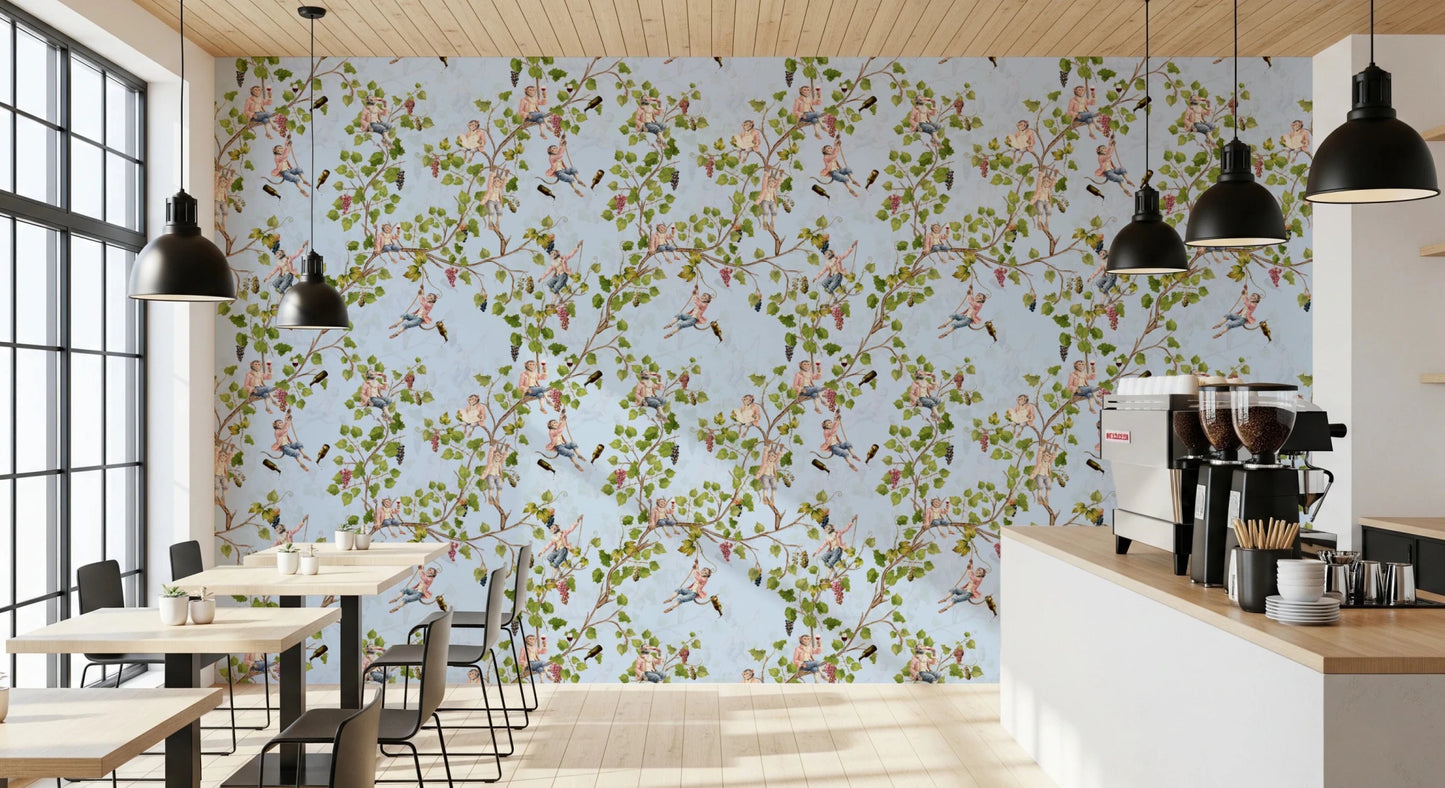 Café zone defined by blue vineyard monkey wallpaper and natural vine texture, GD8590
