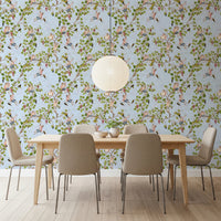 Open Dining room layout supported by blue vineyard monkey wallpaper and delicate vine network, GD8590