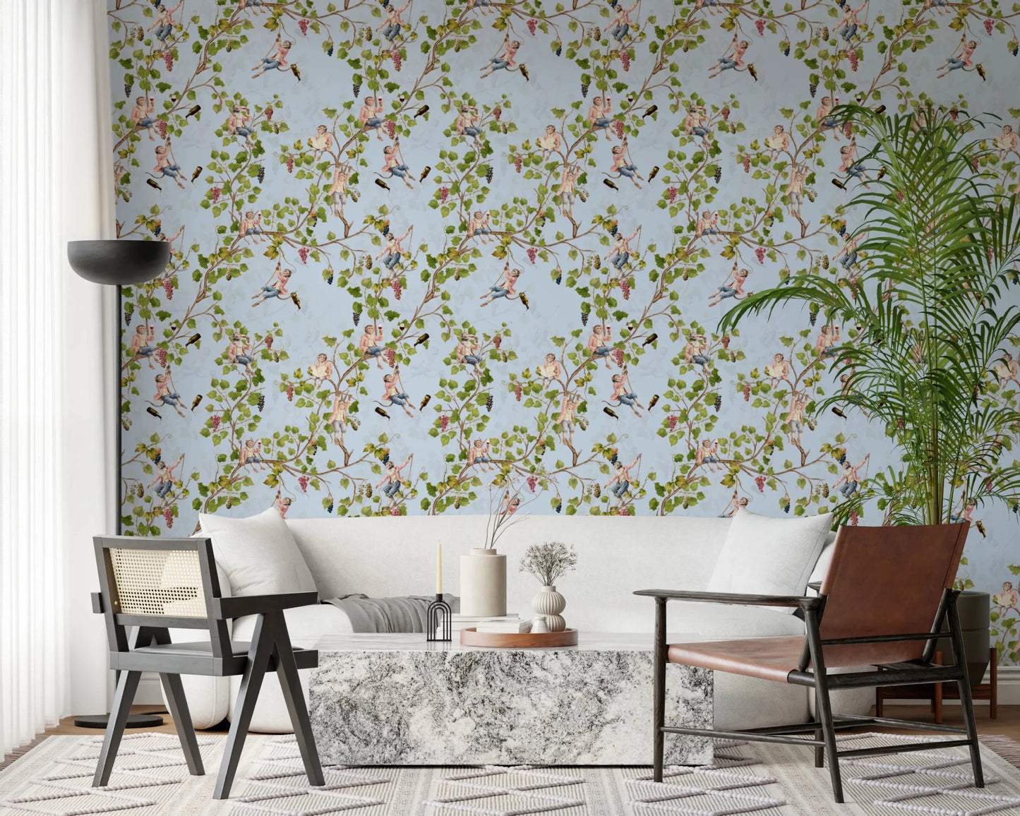Living room setup framed by blue vineyard monkey wallpaper and flowing branches, GD8590