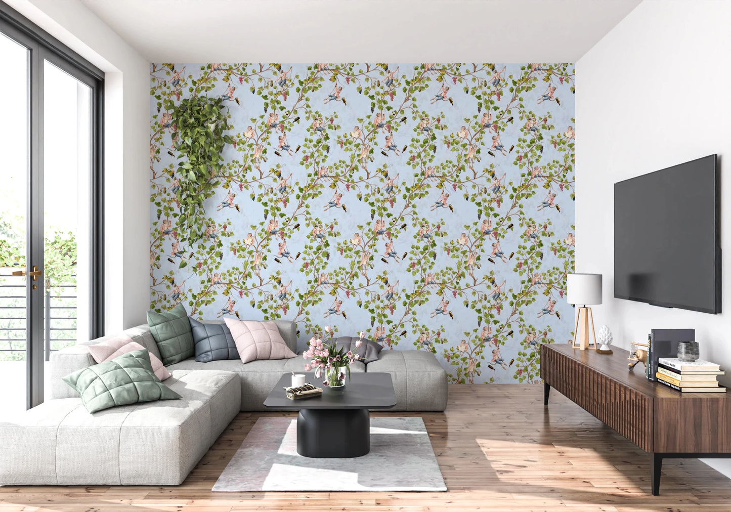 Neutral lounge space balanced by blue vineyard monkey wallpaper and gentle vine detailing, GD8590