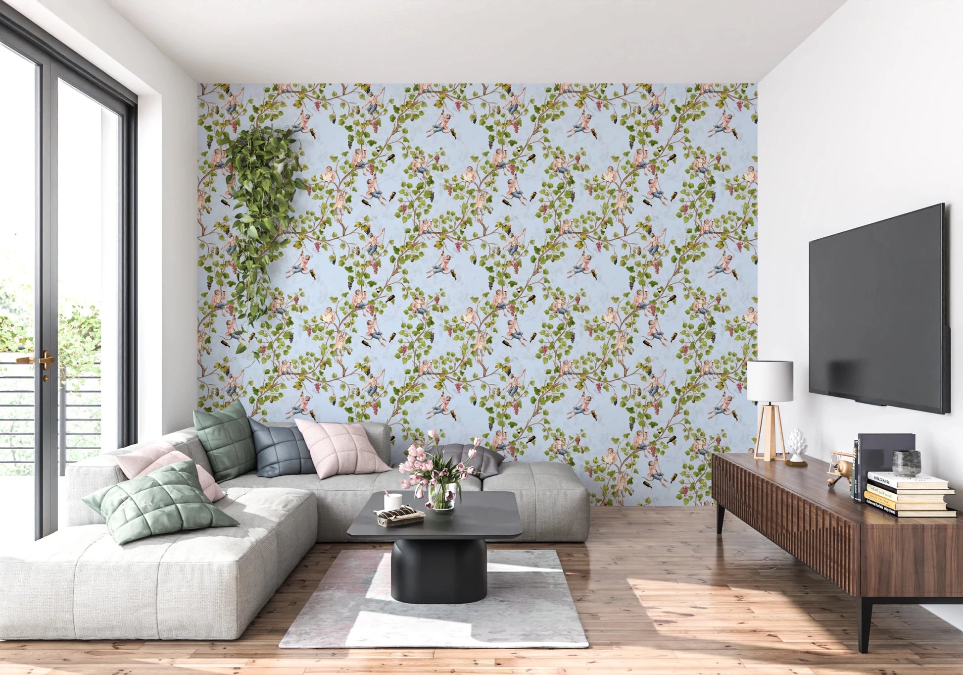 Neutral lounge space balanced by blue vineyard monkey wallpaper and gentle vine detailing, GD8590