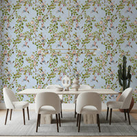 A clean dining room scene styled with blue vineyard monkey wallpaper and soft vine spread, GD8590