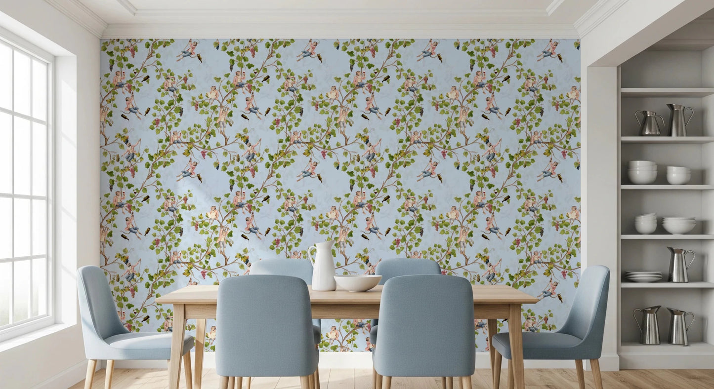 Soft-toned Dining room lifted through blue vineyard monkey wallpaper and botanical vines, GD8590