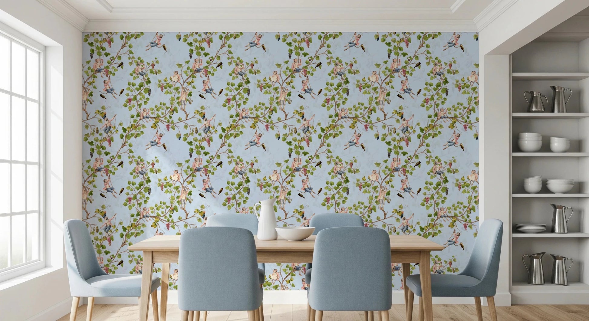 Soft-toned Dining room lifted through blue vineyard monkey wallpaper and botanical vines, GD8590