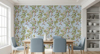 Soft-toned Dining room lifted through blue vineyard monkey wallpaper and botanical vines, GD8590