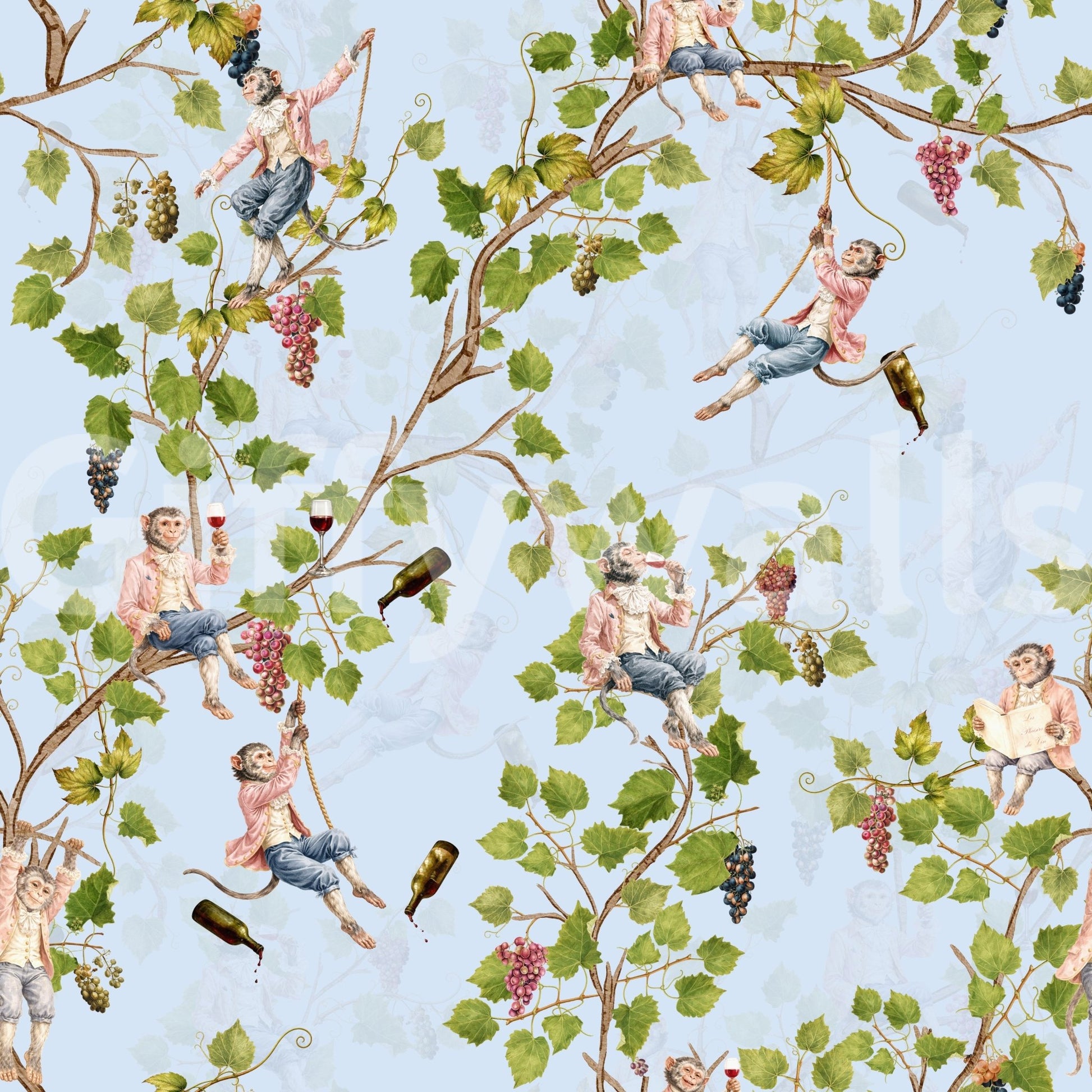 Vintage vineyard monkey wallpaper in blue showing aristocratic figures and grape vines, GD8590