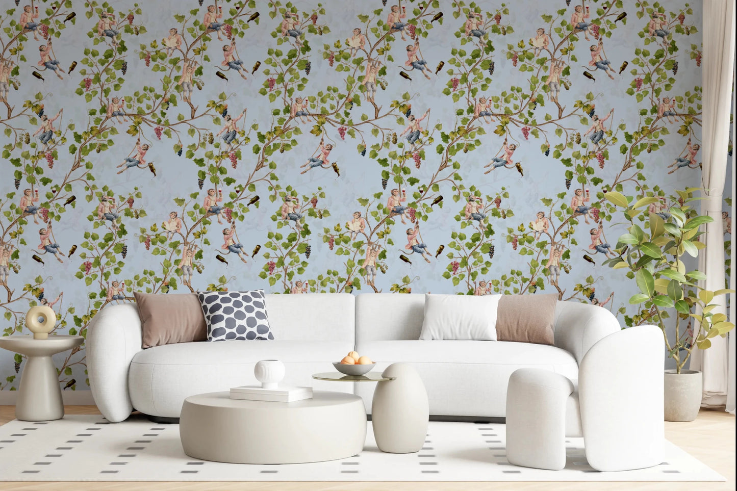 Calm interior corner featuring blue vineyard monkey wallpaper with scattered leaf forms, GD8590