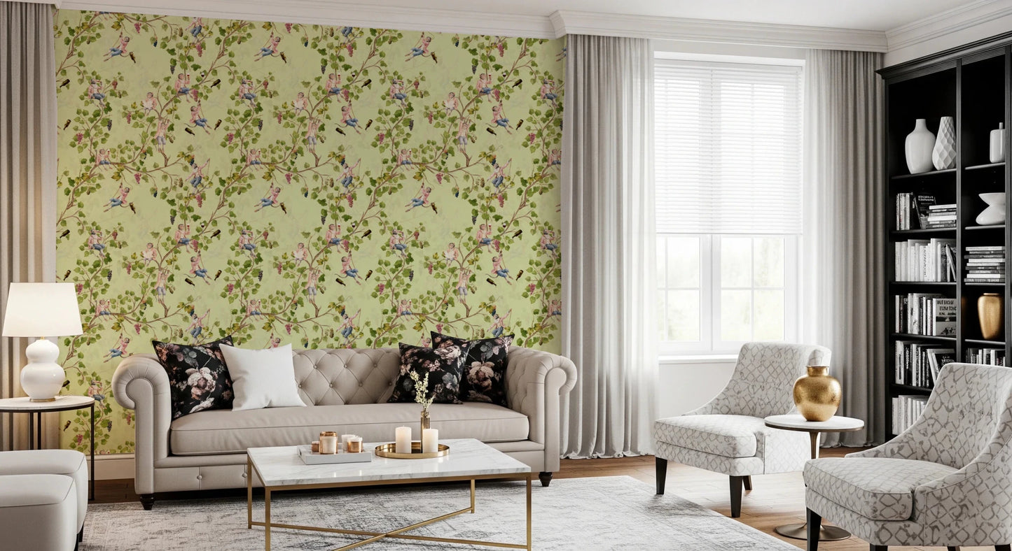 Serene sitting room featuring Whimsical Rococo Monkeys Vineyard Garden Green Wallpaper., GD8589