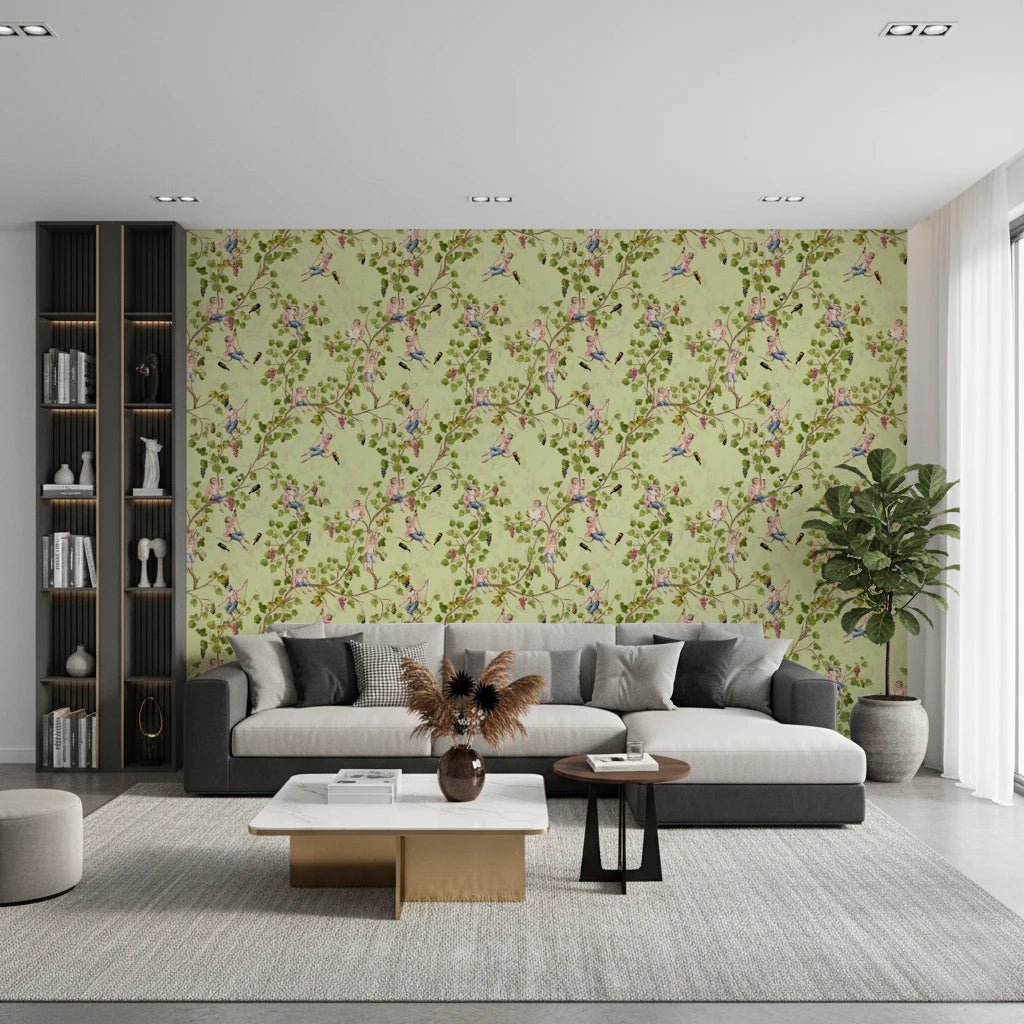 Waiting area styled with the Whimsical Rococo Monkeys Vineyard Garden Green Wallpaper., GD8589