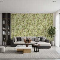 Waiting area styled with the Whimsical Rococo Monkeys Vineyard Garden Green Wallpaper., GD8589