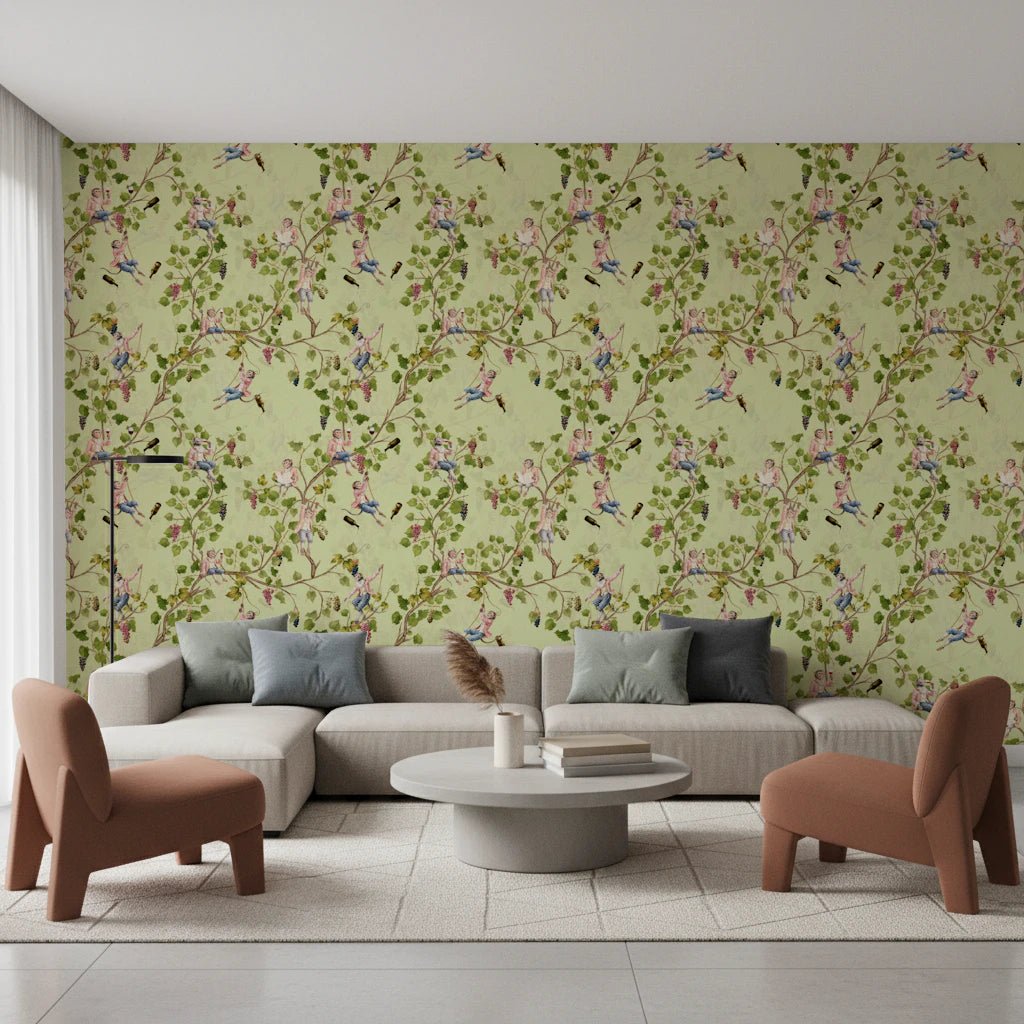 Trendy bar interior showcasing Whimsical Rococo Monkeys Vineyard Garden Green Wallpaper., GD8589