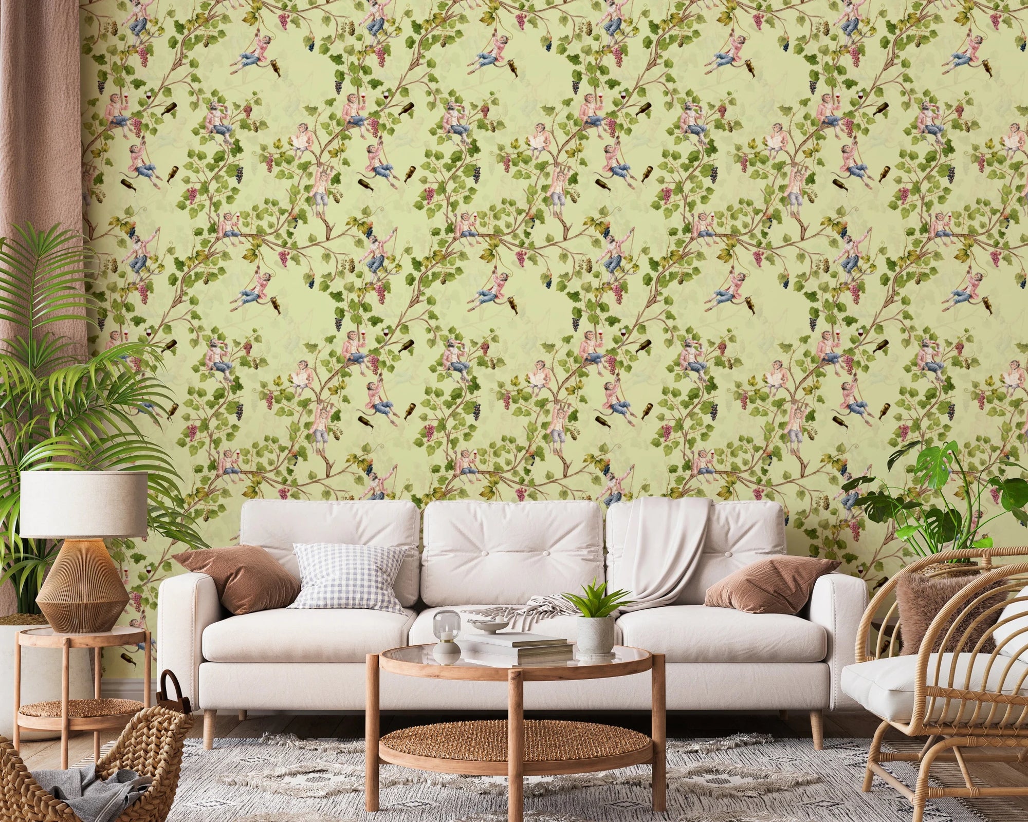 Bright living room featuring the Whimsical Rococo Monkeys Vineyard Garden Green Wallpaper., GD8589