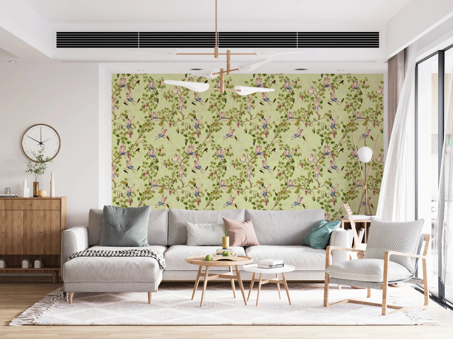 Formal living area with the Whimsical Rococo Monkeys Vineyard Garden Green Wallpaper., GD8589