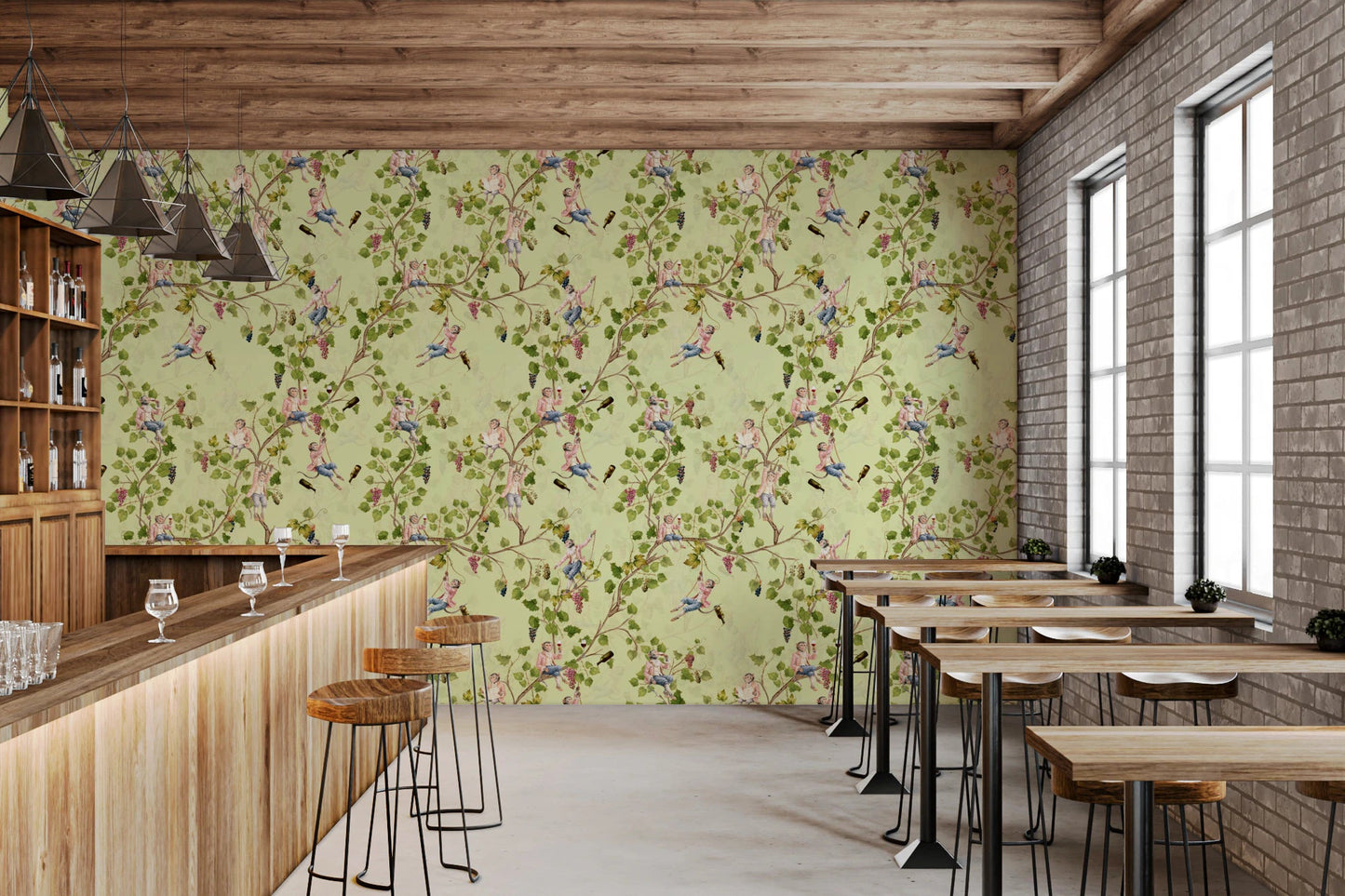 Café  with the Whimsical Rococo Monkeys Vineyard Garden Green Wallpaper., GD8589