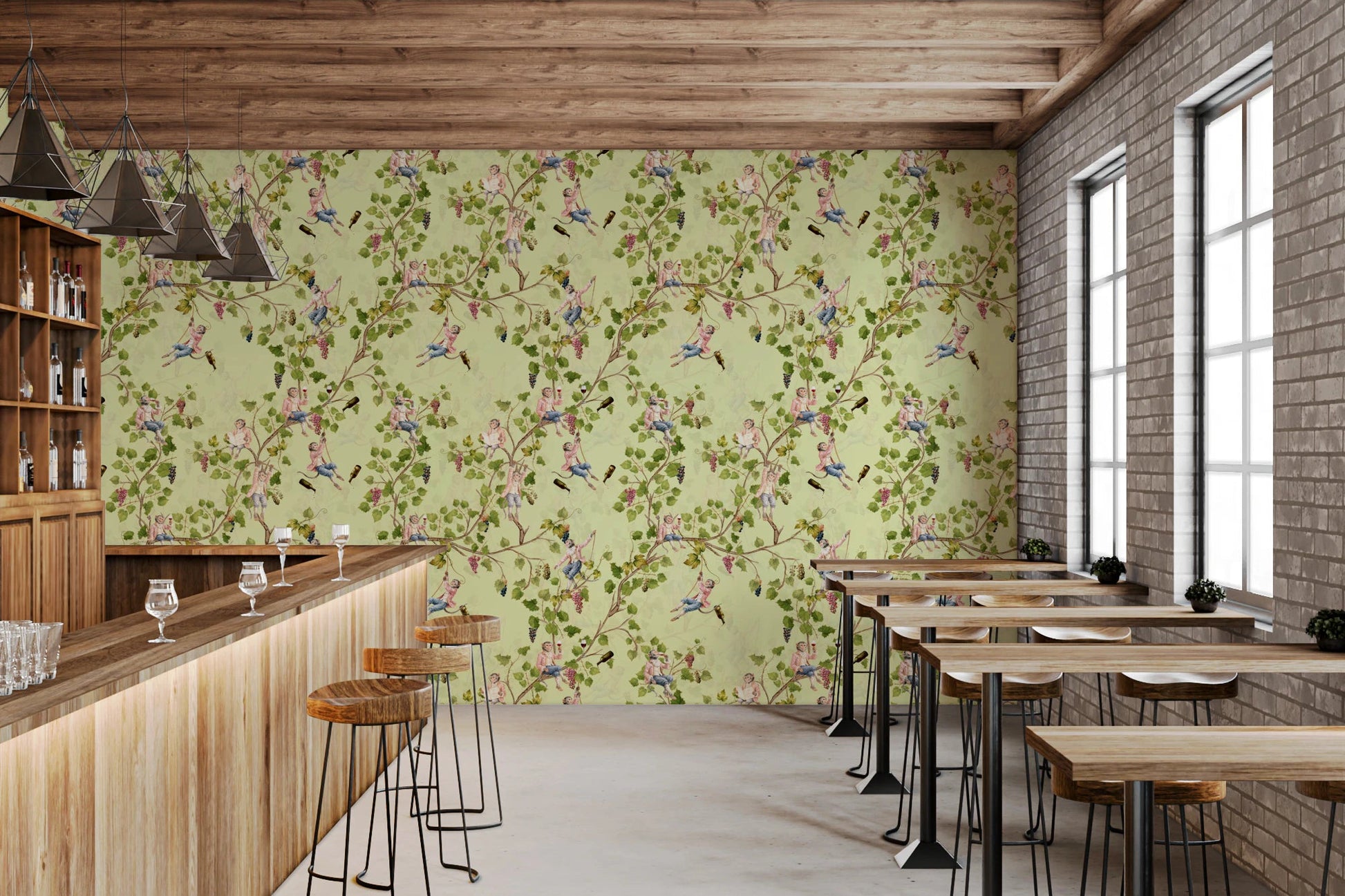 Café  with the Whimsical Rococo Monkeys Vineyard Garden Green Wallpaper., GD8589