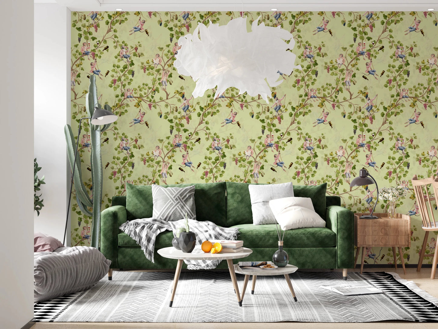 Cozy lounge area with the Rococo Monkeys Wine Festival Vineyard Garden Green Wallpaper, GD8589