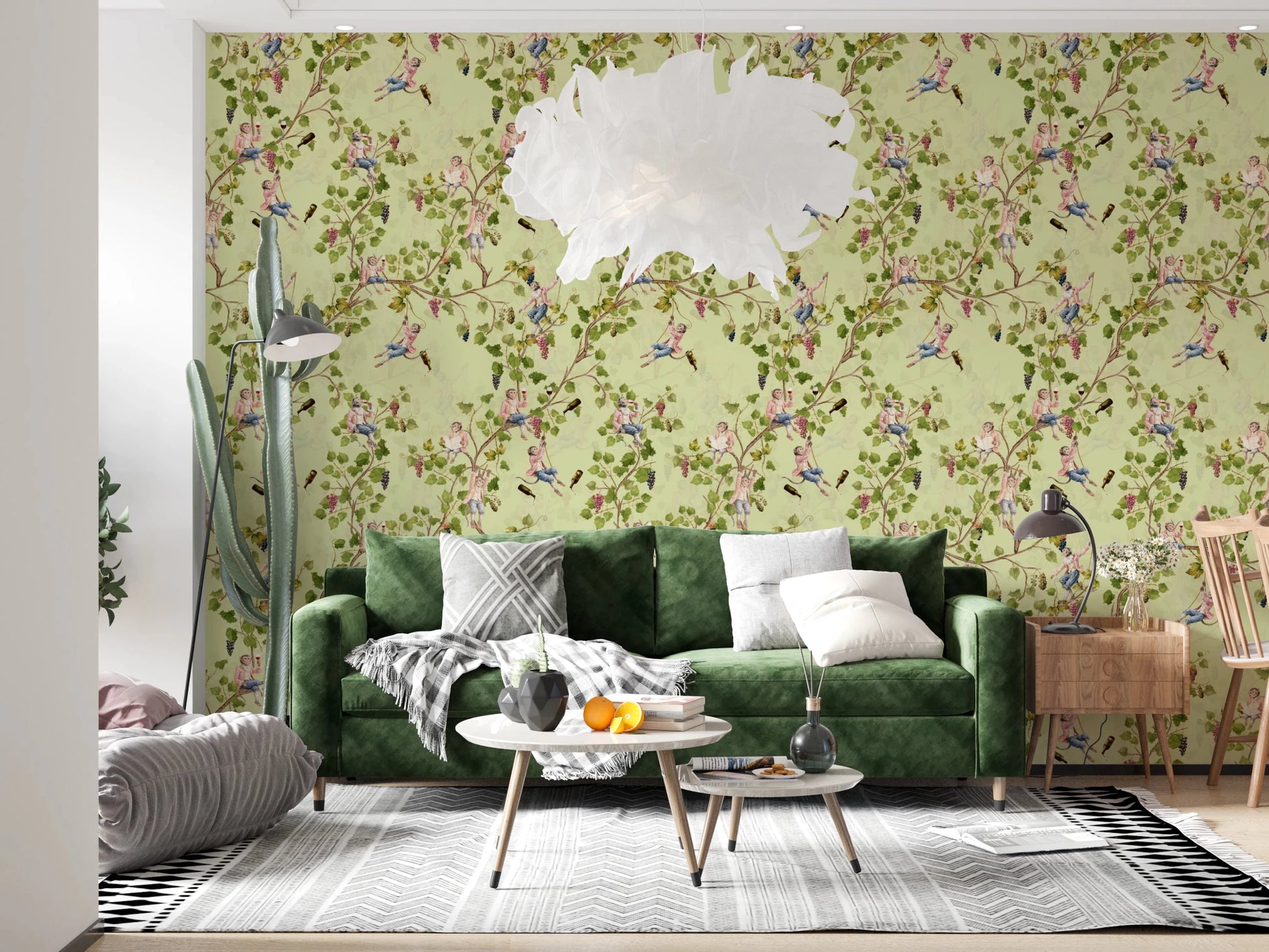 Cozy lounge area with the Rococo Monkeys Wine Festival Vineyard Garden Green Wallpaper, GD8589