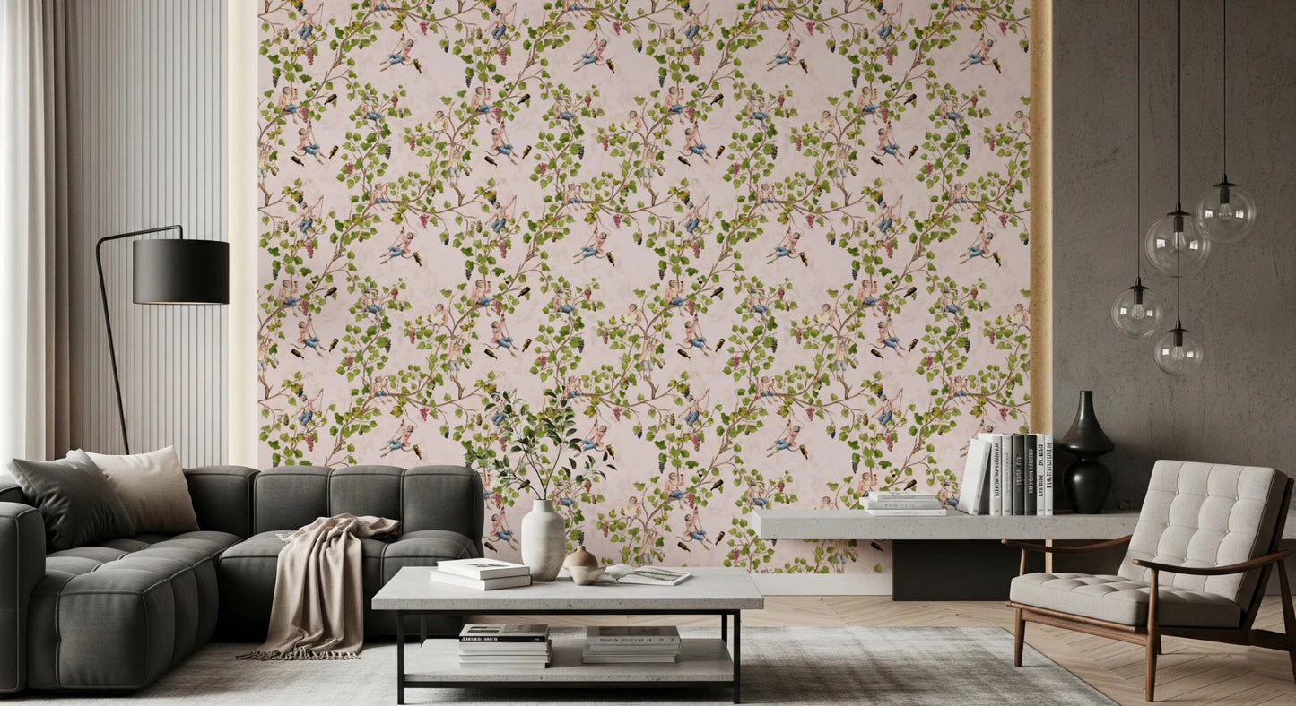 Sophisticated living room with Whimsical Rococo Monkeys Vineyard Pink Wallpaper style., GD8588