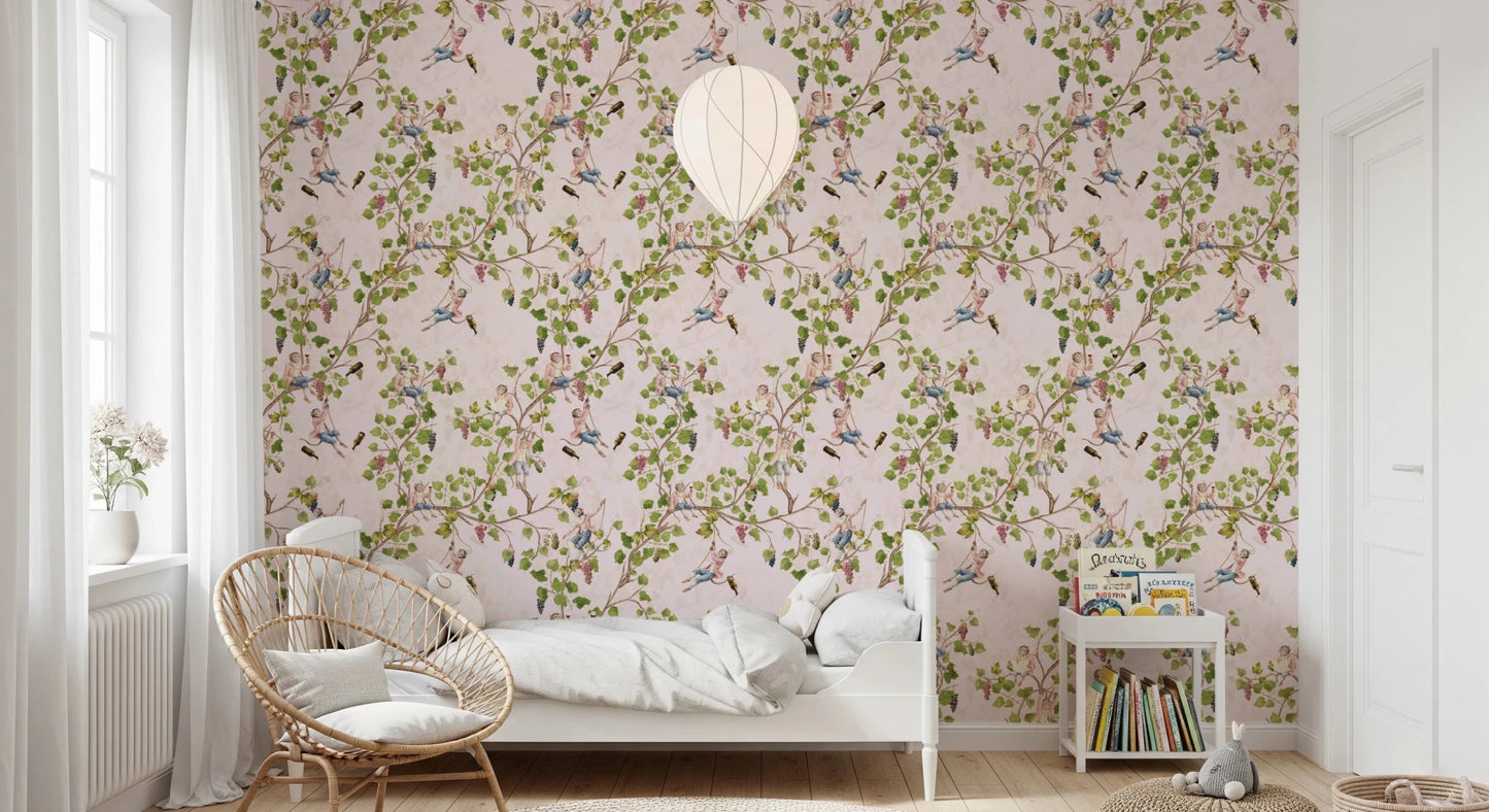 Matte finish Whimsical Rococo Monkeys Vineyard Pink Wallpaper for a charming Kids bedroom., GD8588