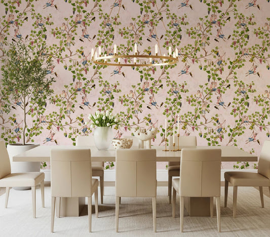 Elegant dining room walls featuring Whimsical Rococo Monkeys Vineyard Pink Wallpaper.