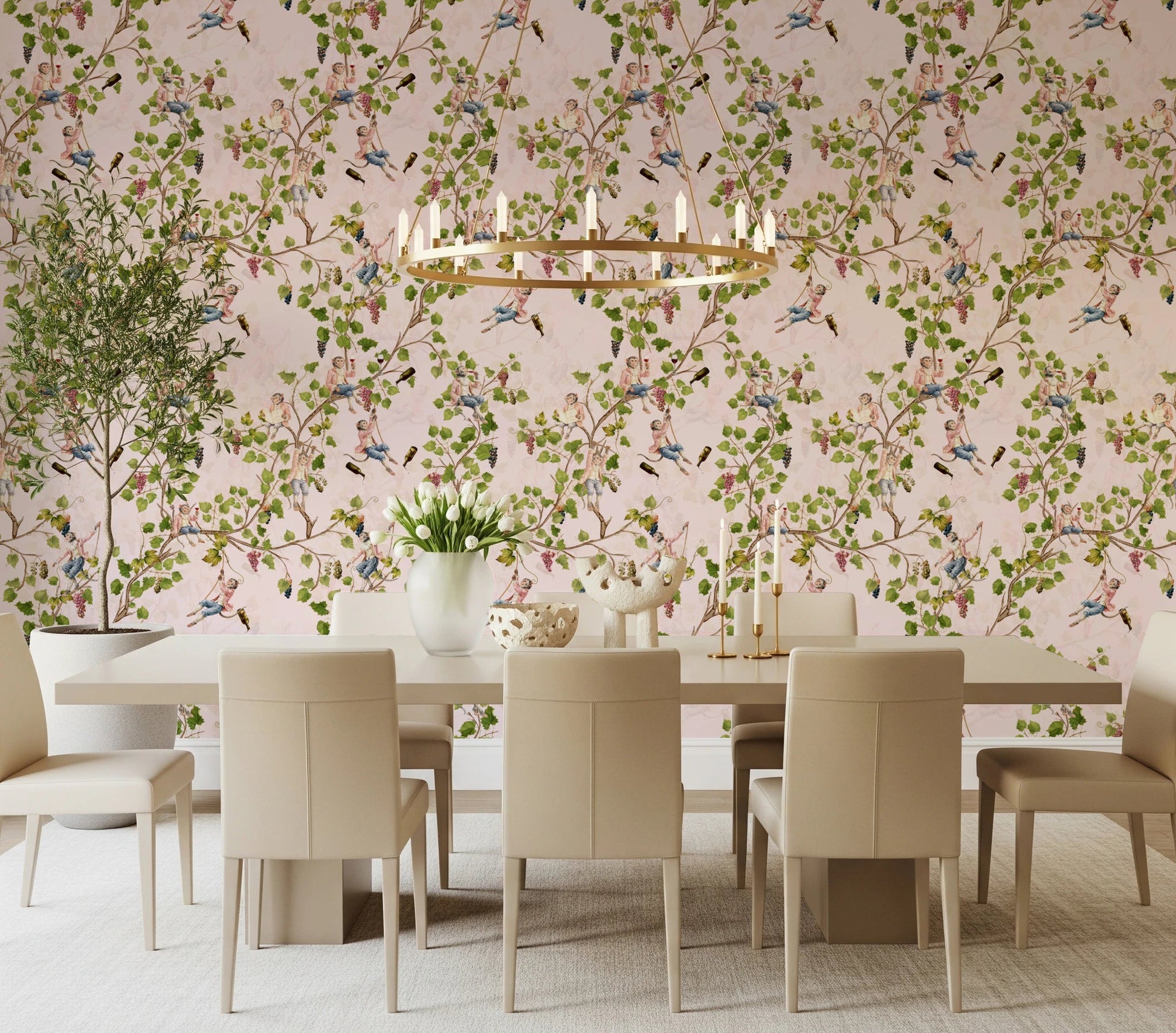 Elegant dining room walls featuring Whimsical Rococo Monkeys Vineyard Pink Wallpaper., GD8588