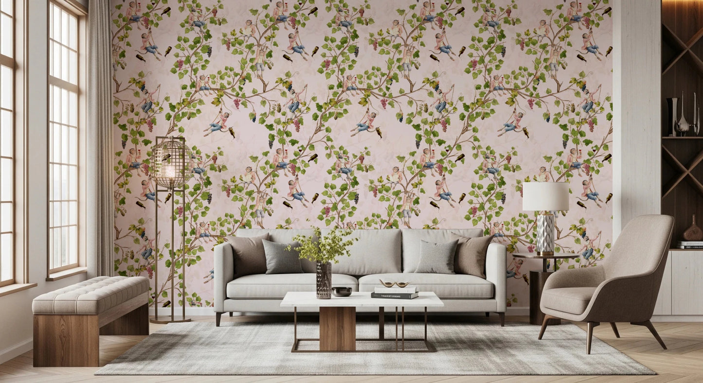 Stunning contemporary living room with Whimsical Rococo Monkeys Vineyard Pink Wallpaper., GD8588