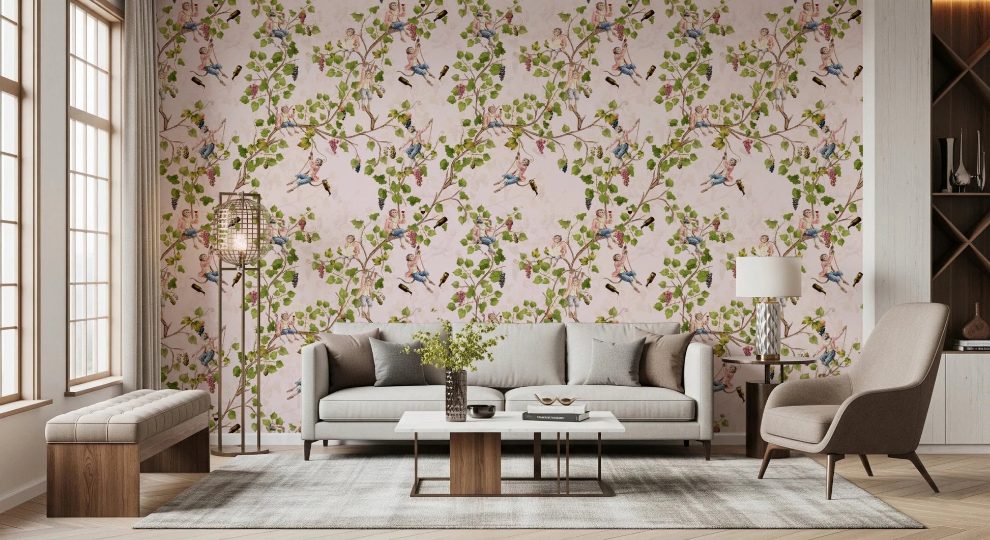 Stunning contemporary living room with Whimsical Rococo Monkeys Vineyard Pink Wallpaper., GD8588
