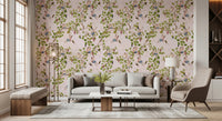 Stunning contemporary living room with Whimsical Rococo Monkeys Vineyard Pink Wallpaper., GD8588