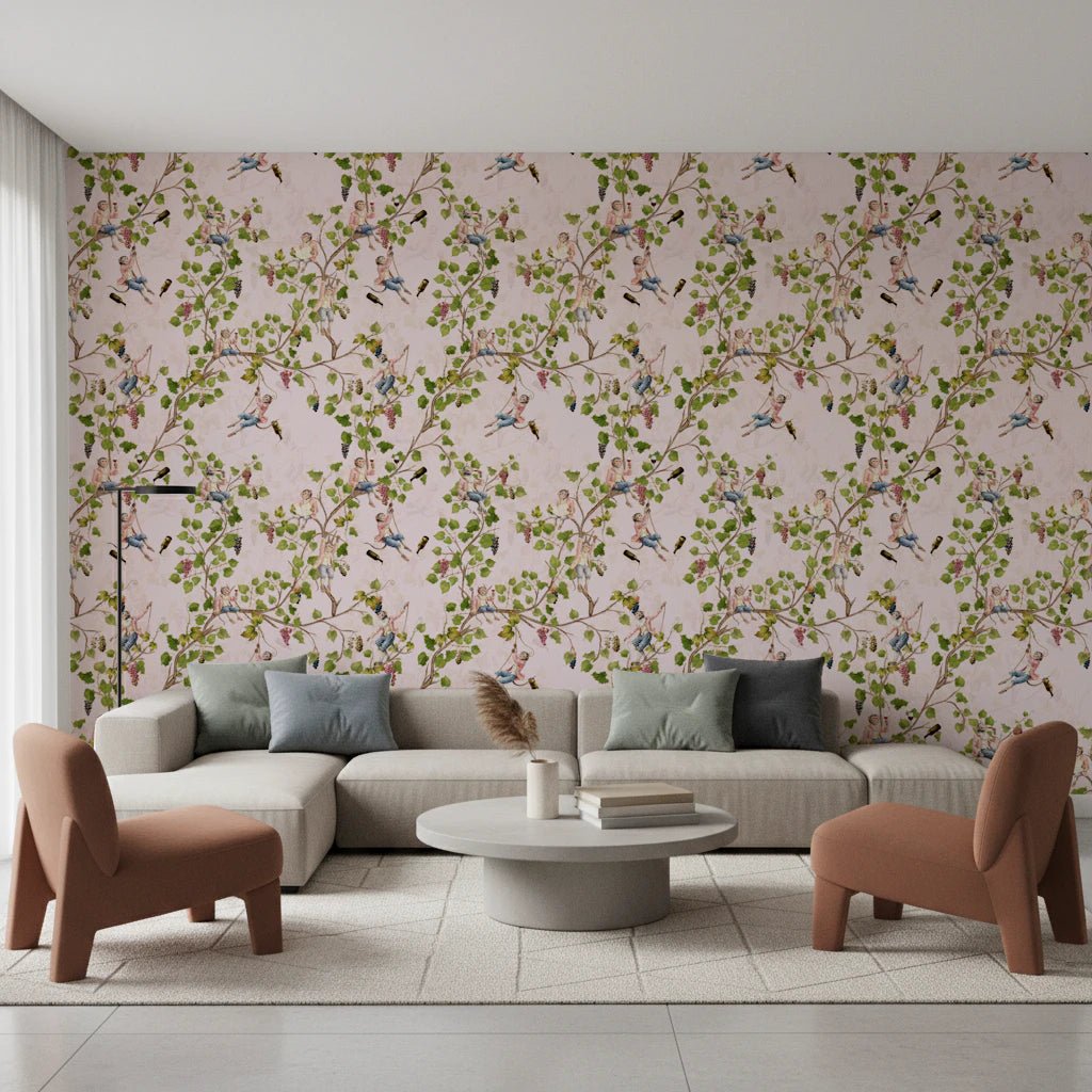 Chic sitting room styled with Whimsical Rococo Monkeys Vineyard Pink Wallpaper finish., GD8588