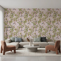 Chic sitting room styled with Whimsical Rococo Monkeys Vineyard Pink Wallpaper finish., GD8588