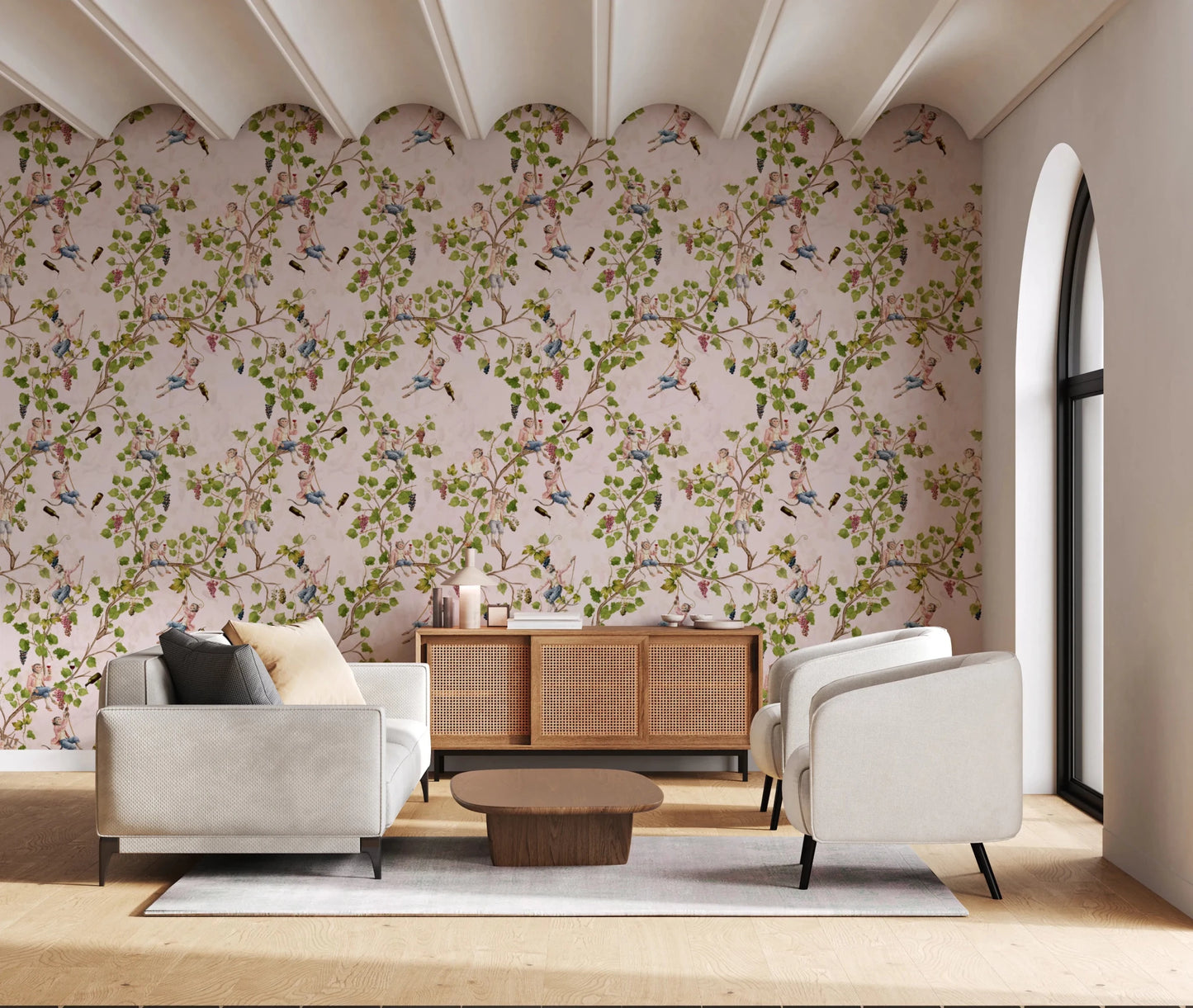 Upgrade a classic lounge using Whimsical Rococo Monkeys Vineyard Pink Wallpaper theme., GD8588