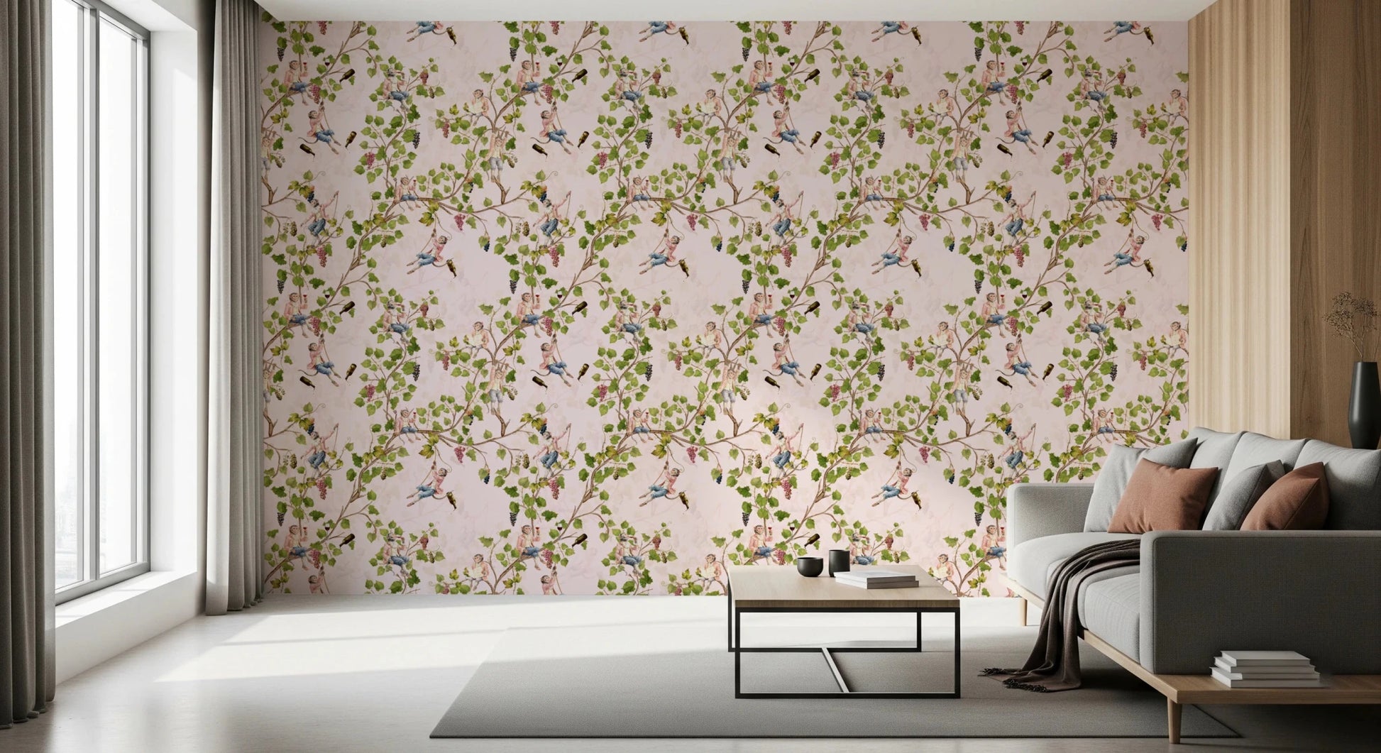 Wide view of Whimsical Rococo Monkeys Vineyard Pink Wallpaper in a minimalist lounge., GD8588