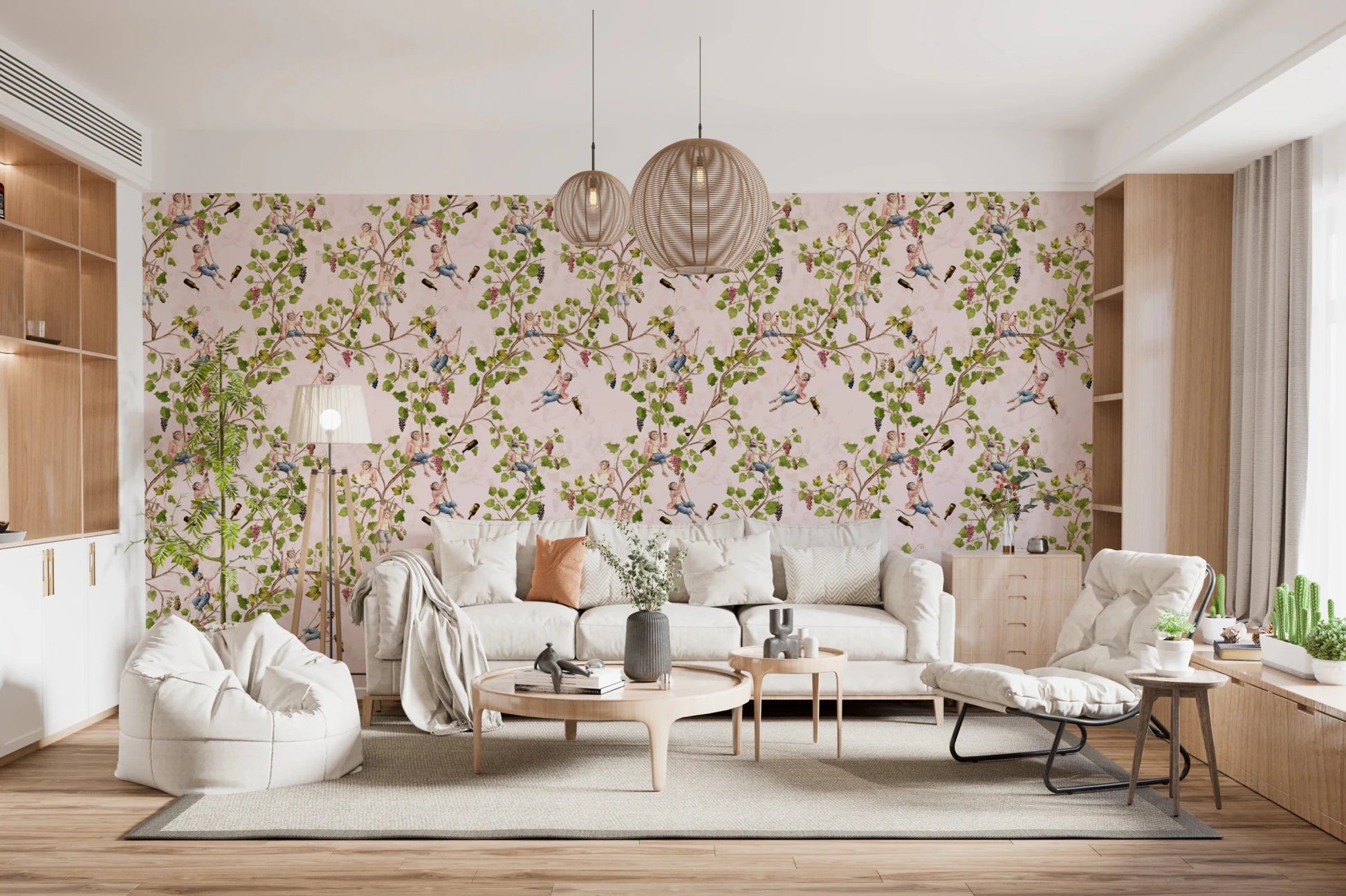 Rental friendly Whimsical Rococo Monkeys Vineyard Pink Wallpaper in a big family room., GD8588