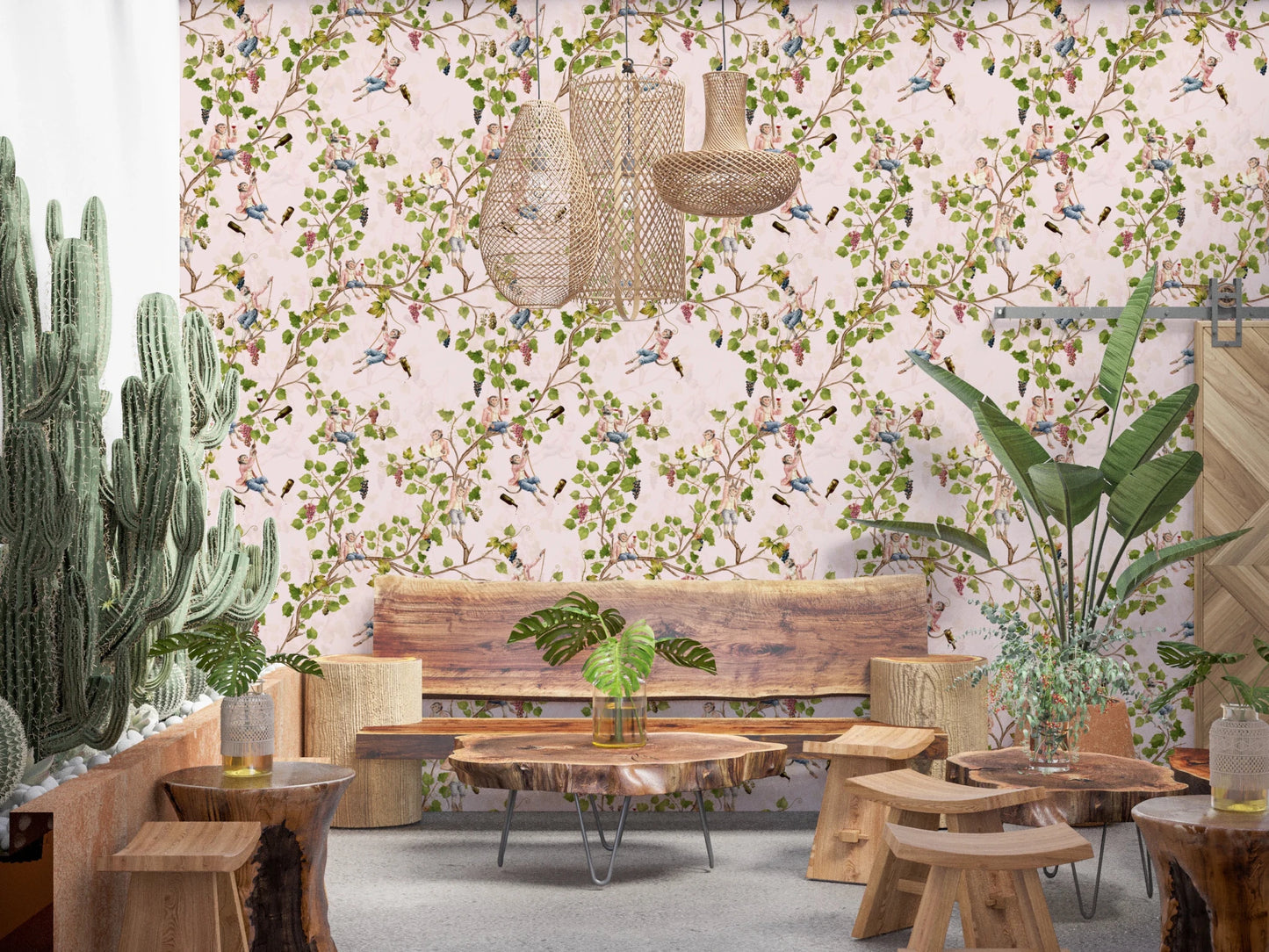 Dining vibe in an space with Whimsical Rococo Monkeys Vineyard Pink Wallpaper., GD8588